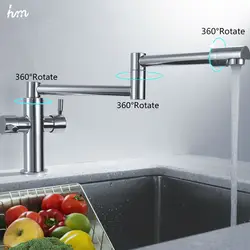 Hm-accesorios de baño para fregadero de cocina, grifos mezcladores plegables elásticos montados en cubierta, doble manija, grifo de latón con acabado cromado