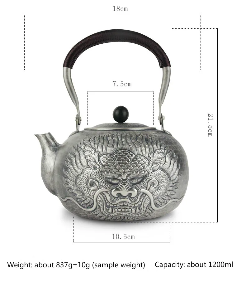 pure silver Kung Fu tea set, manual production pure silver 999 do old burn water kettle mention beam pot, office gift collection