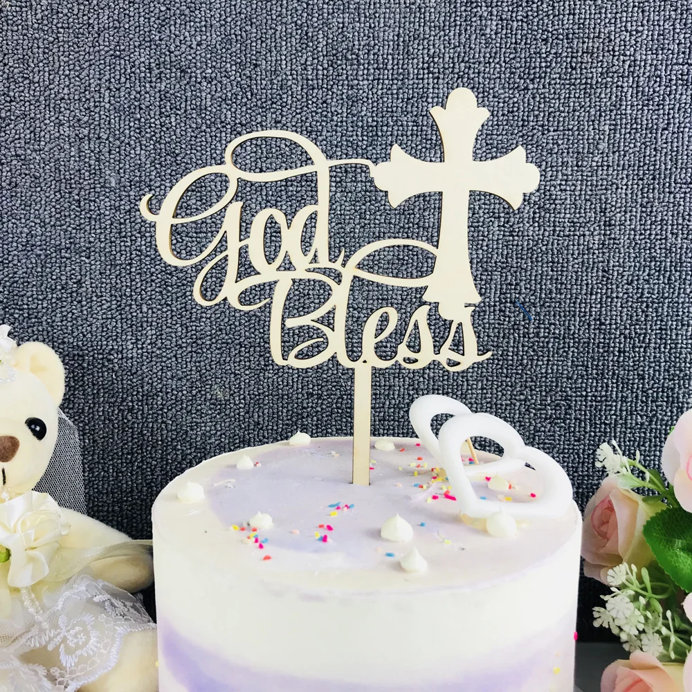 God Bless color wooden Cake Topper,First Communion Cake Topper Decorations,Baby Girl or Boy baptism for Confirmation  Topper