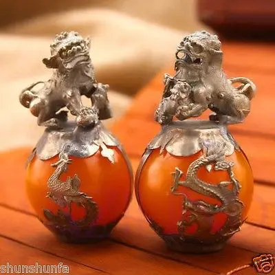 

Pair Two orange gem ball lion dragon phoenix blessing statue figurines decoration Tibetan word Wholesale bronze