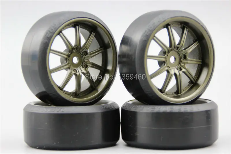 Pre-Glued 4pcs RC CS-R Drift Tires Tyre Wheel W10S3BR 3mm offset (Painting Brozen) With Silencing Sponge For 1/10 drift Car