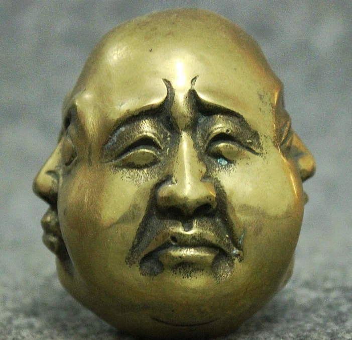 Folk China Chinese Brass Buddhism 4 Face Xi Nu Ai Le Maitreya Buddha Head Statue 8.4 cm