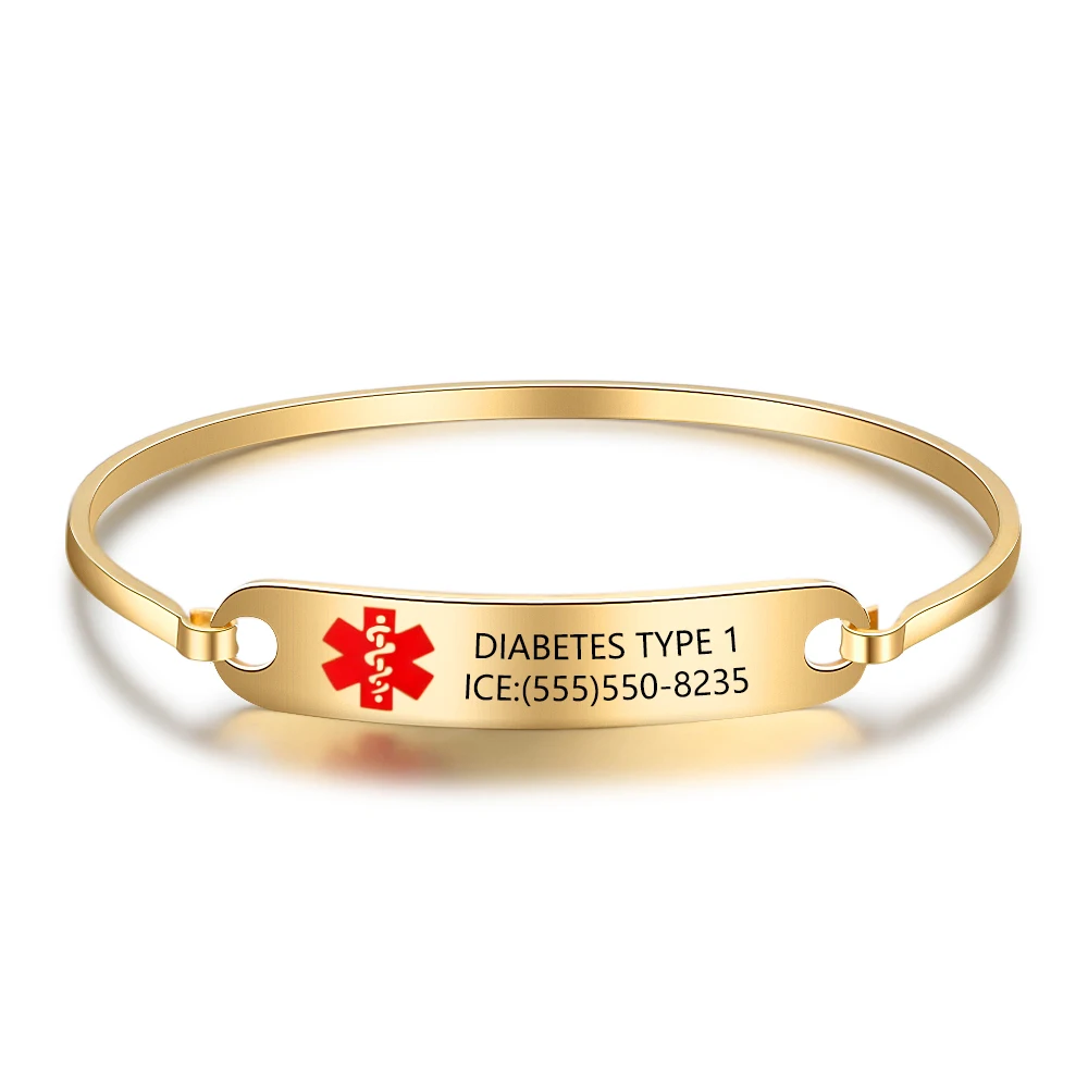 Customized Medical Alert ID Bracelet Stainless Steel Jewelry Engraved Name 2 Colors Emergency Remind Bangle for Women (BA102475)