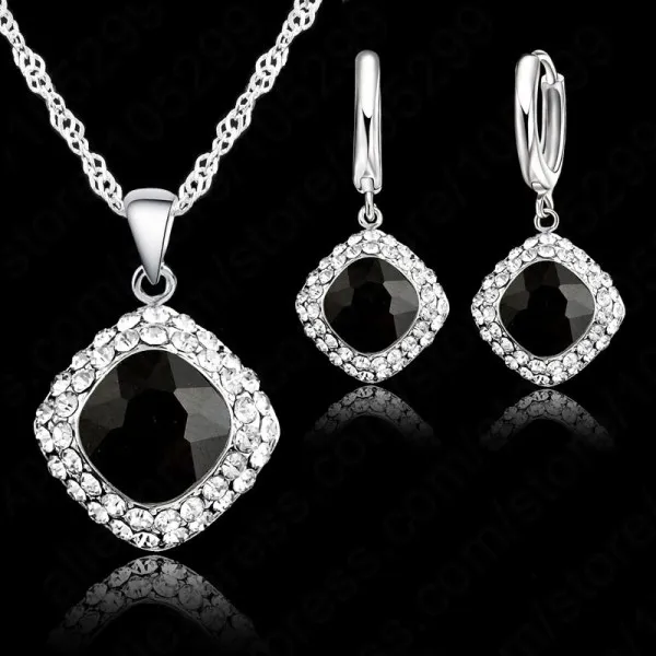 High Quality 925 Sterling Silver Needle Jewelry Set Short Chain Charm Square Pendant Necklace Earring Crystal for Women image 2