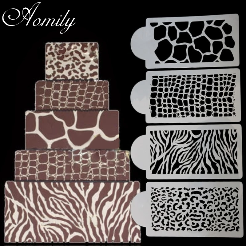 Aomily 4pcs/Set Zebra Leopard Print Wild Style Cake Stencil Airbrush Painting Mold Cookies Fondant Cake Mousse Decorating Molds