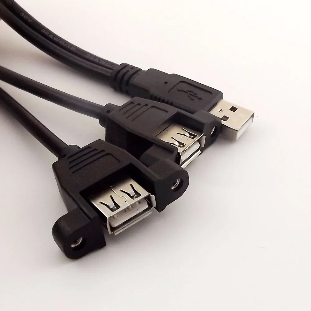 1pc USB 2.0 A Male to 2x USB A Female w/ Screws Panel Mount Y Splitter Adapter Cable 30cm