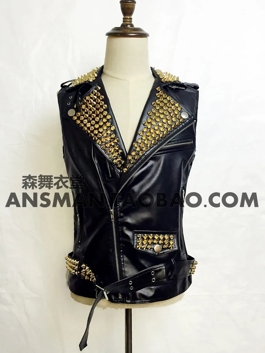 Male Singer Gold Rivet Mirror motorcycle Leather vest costume Party show Nigthclub bar singer dance outwear