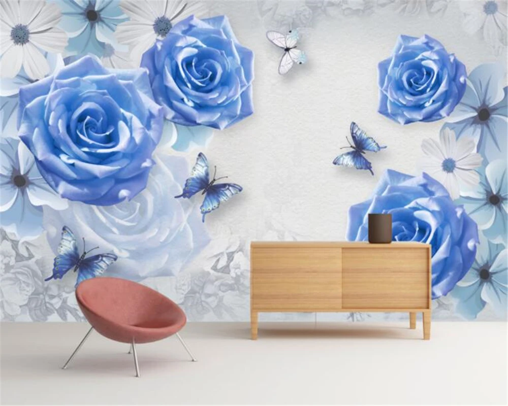 

beibehang Custom 3d wallpaper mural retro European stereo blue rose butterfly TV background wall 3d wallpaper papel de parede