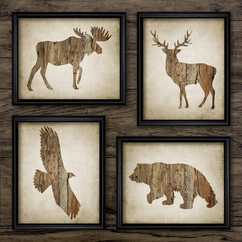 North American Animal Wall Art Posters and Prints Moose,Bald Eagle,Buck Deer,Grizzly Bear Art Painting Rustic Cabin Home Decor