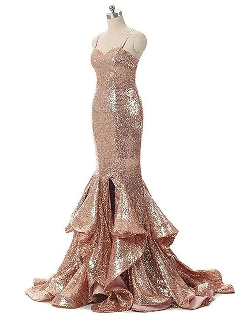 Vestido largo de fiesta de sirena dorado con lentejuelas brillantes, Vestido de noche largo con tirantes finos, con abertura y espalda descubierta