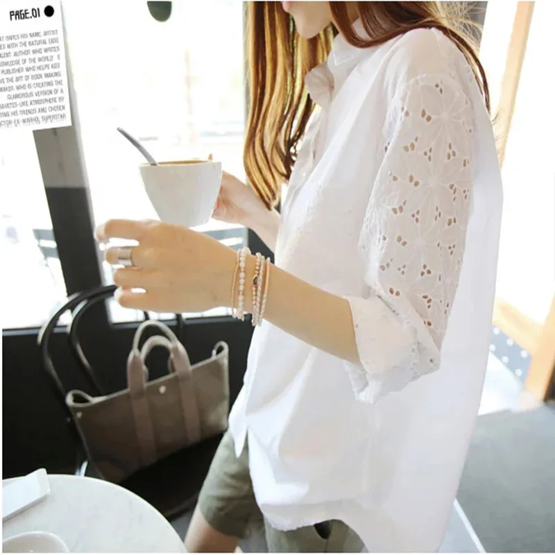 Women White Blouse Shirt Summer High Quality New Large Size Long sleeve Lace Hollowing Leisure Office Womens White Tops