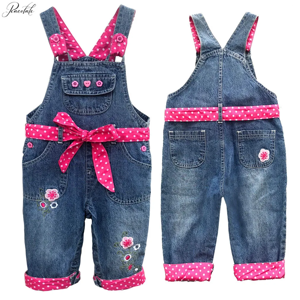 

6m-3Years Summer Spring Autumn Infant Baby Girls Rompers Denim Overalls Embroidery Hot Pink Waist Belt Jeans Pants