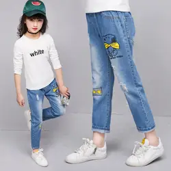 2024 Spring New Fashion Girls Cartoon figure Middle Waist Soild Color Cartoon Jeans Baby Trousers Cotton Denim Long Pants3-12Y