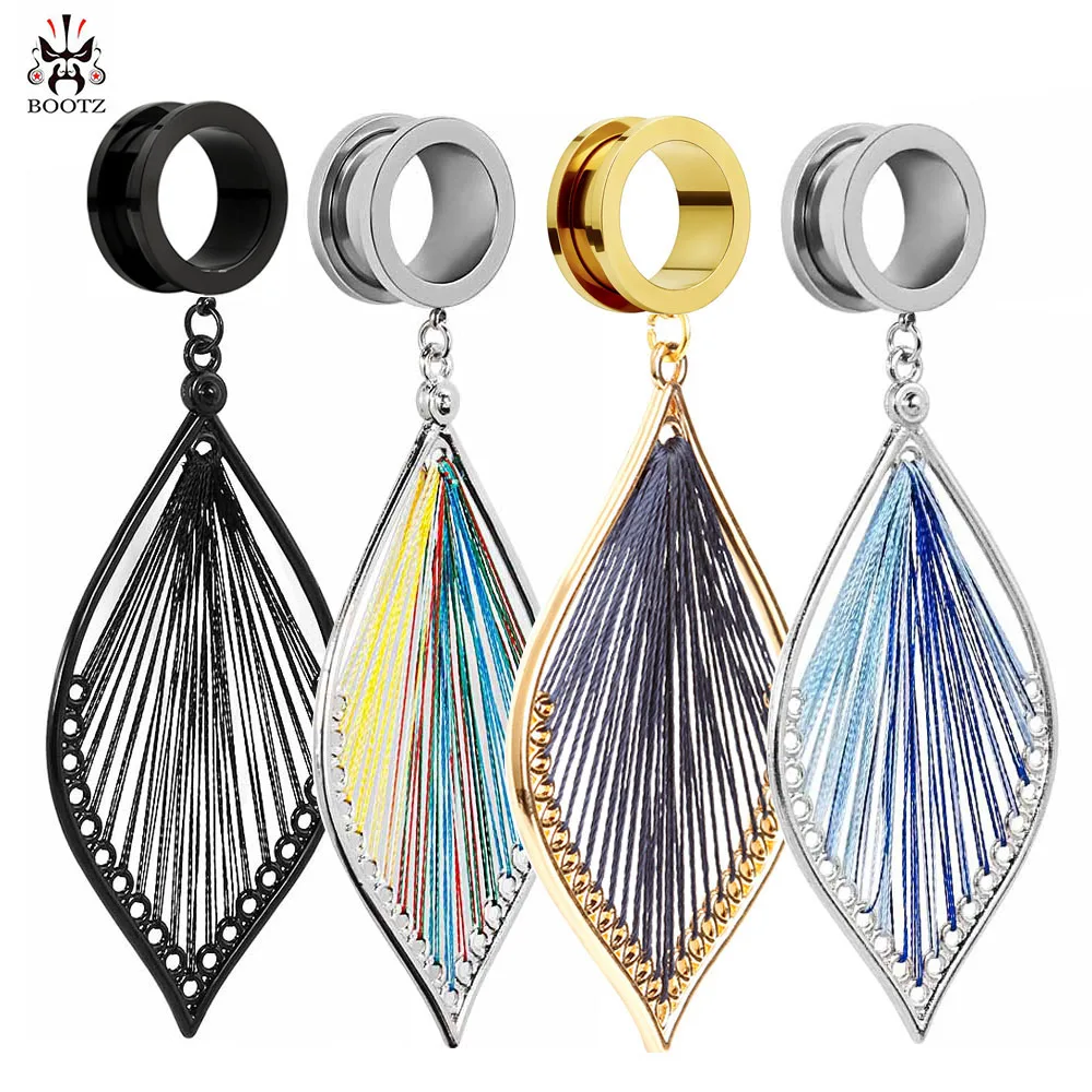 KUBOOZ Ear Plugs Tunnel Gauges Leaves Dangle Piercing Stretcher Stainless Steel Body Jewelry Screw Expander Fashion Earring Gift