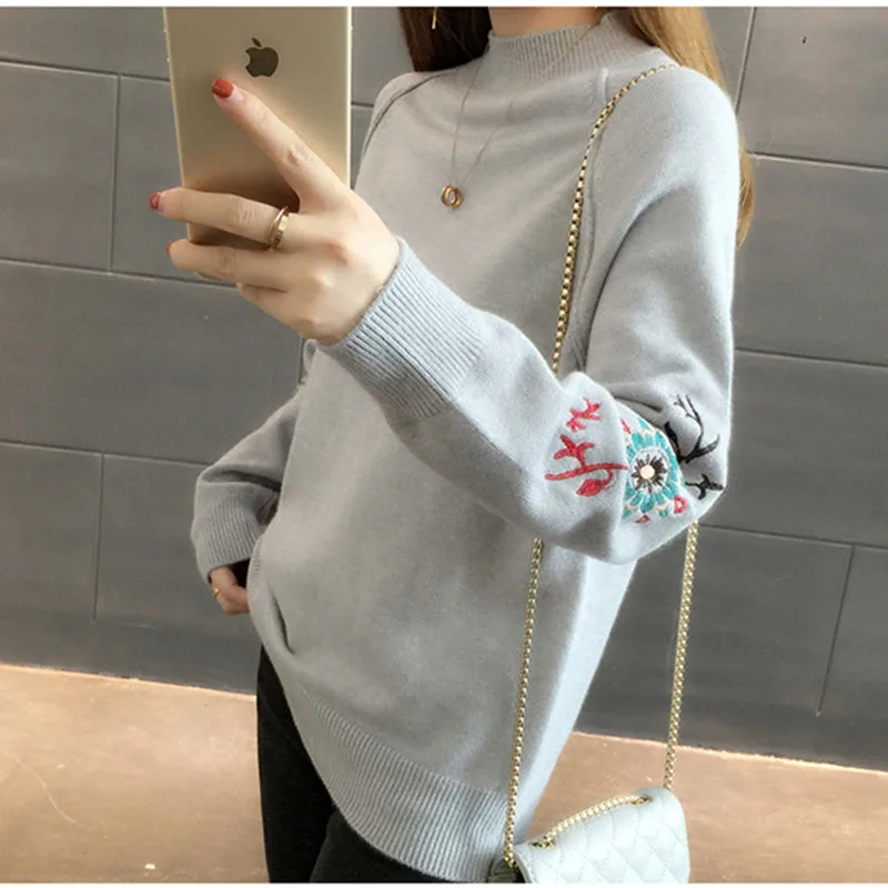 Embroidery Half Turtleneck Pullovers Sweater Women 2020 Autumn Winter Women Jumper  Knitted Bottoming Sweaters Femme Tops AA400