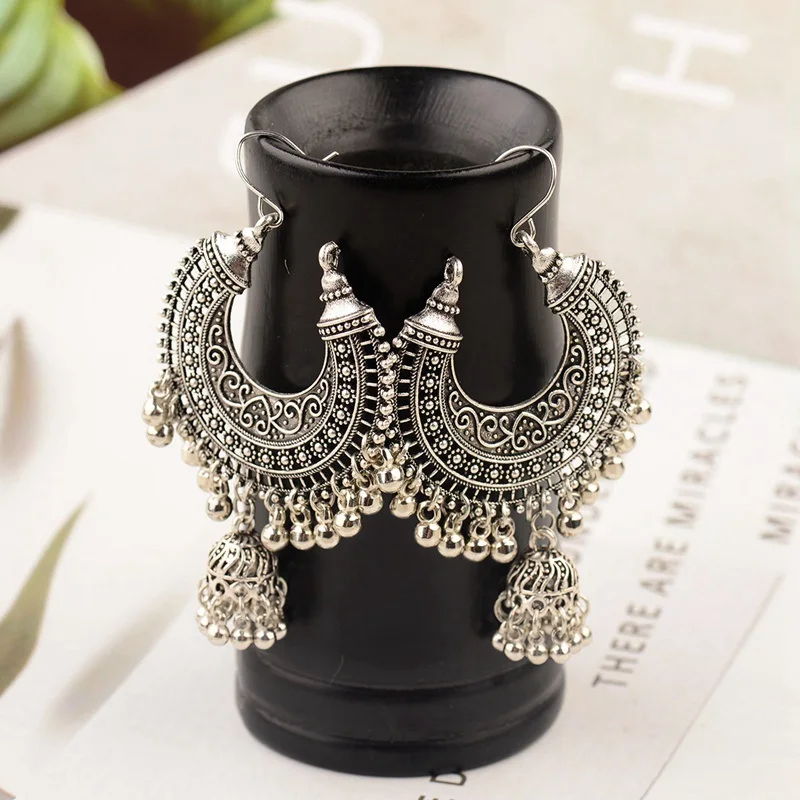 Classic Ethnic Water Drop Jhumka Earrings Women Vintage Carved Turkish Silver Color Tassel Indian Turkey Jewelry Ladies Bijoux