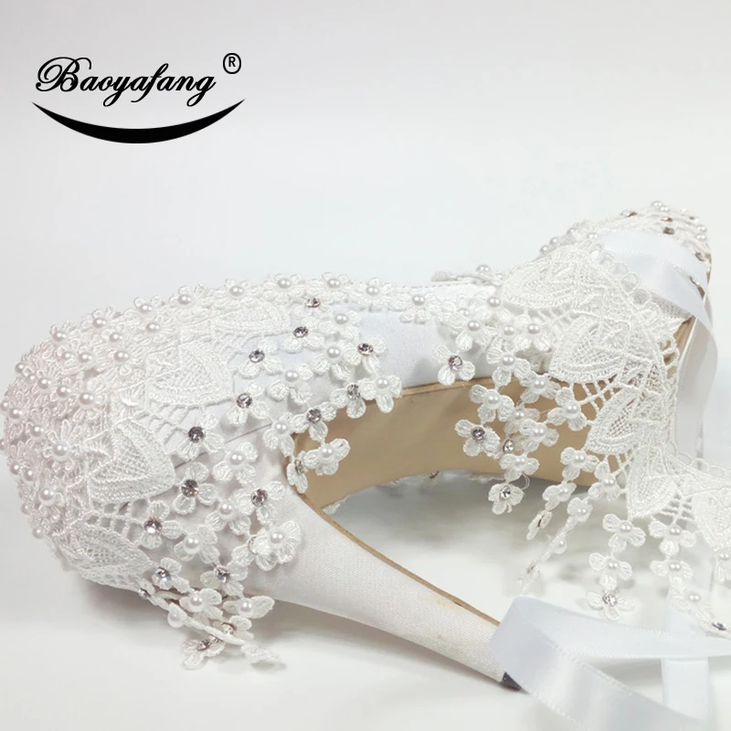 BaoYaFang 2023 New Lace-Up fashion shoes For woman White Flower Wedding shoes Ankle Strap High shoes sweet party shoe