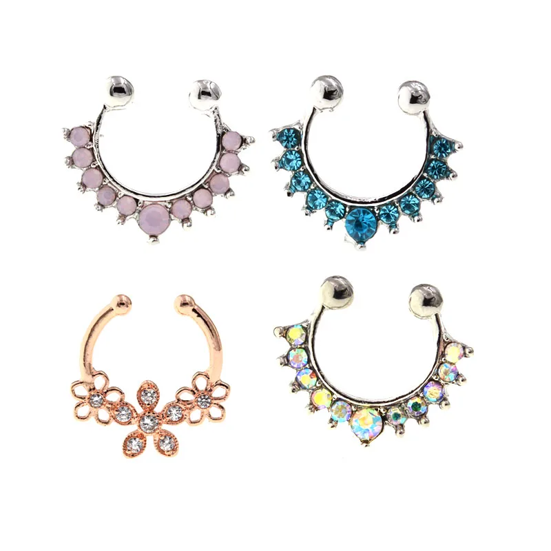 1Pc Crystal Clicker Fake Septum For Women Body Clip Hoop Vintage Muticolor Fake Nose Ring Faux Piercing Body Jewellery