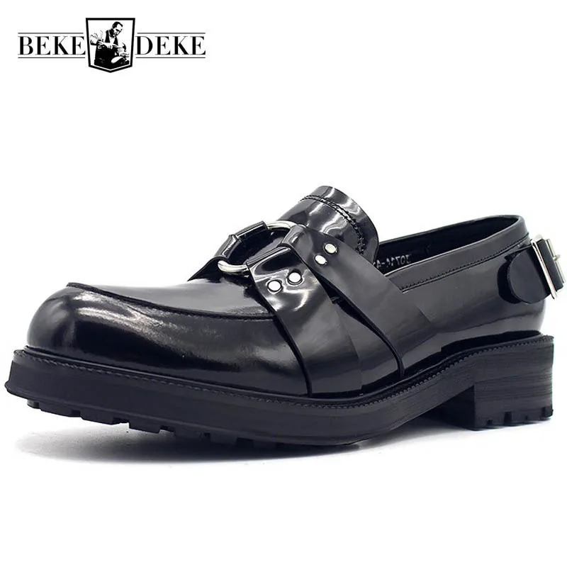 New Designer Metal Buckle Mens Thick Platform Genuine Leather Formal Shoes Spring Slip On Office Work Dress Shoes Loafers