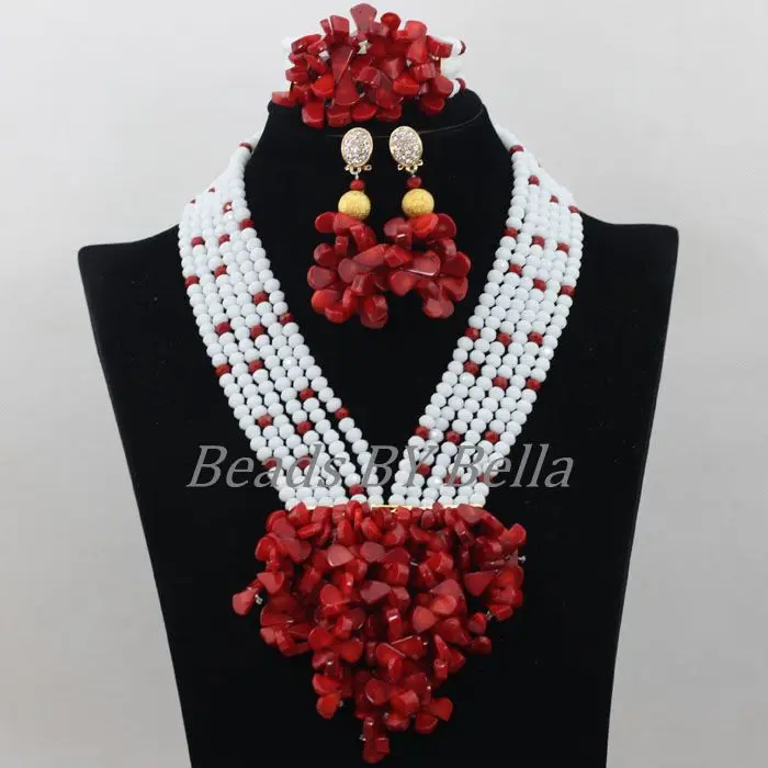 Hot Sale Red Coral Beads White Crystal Jewellery Necklace Set Nigerian Wedding African Bridal Jewelry Sets Free Shipping ABF659