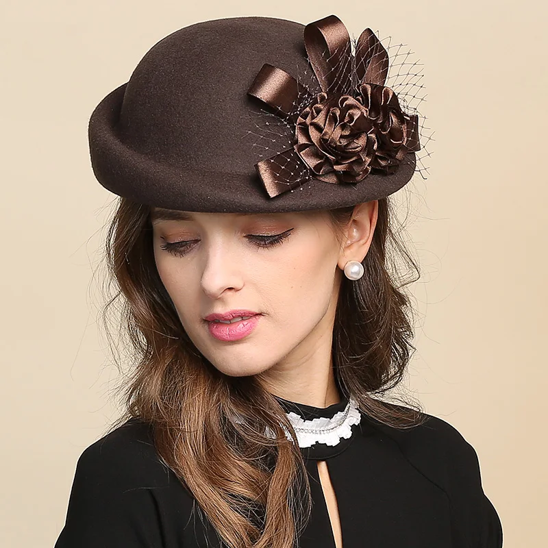 Lady Fedoras Wool Hat Girls Flowers Dome Woolen Cap  Female Basin Cap Fisherman Cute Casual Woolen Hat Adjustable B-8728