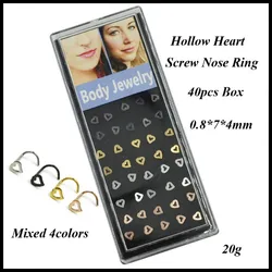 Lot of 40pcs 316l Surgical Steel Hollow Heart Screw Nose Bone Piercing With L Shape Mixed Clear Colors Nose Stud Rings Jewelry