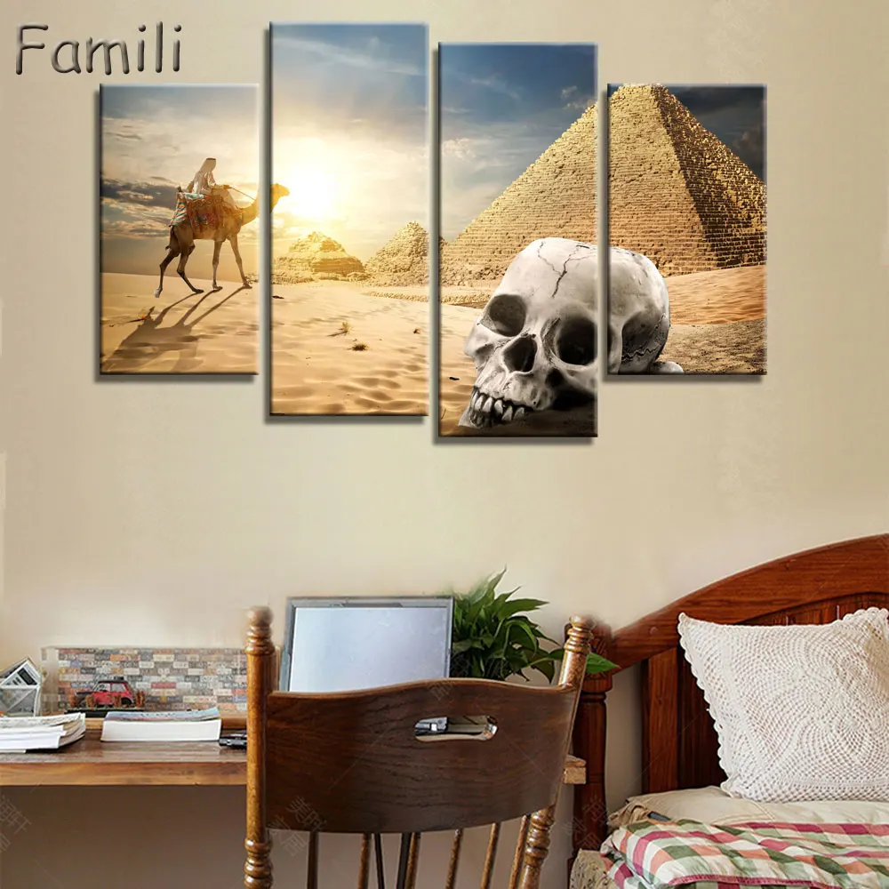 4 pcs/set Art Egypt Pyramids Camel Print Canvas Oil Painting Unframed Wall Pictures for Living Room Top Wall Decor Animal Poster