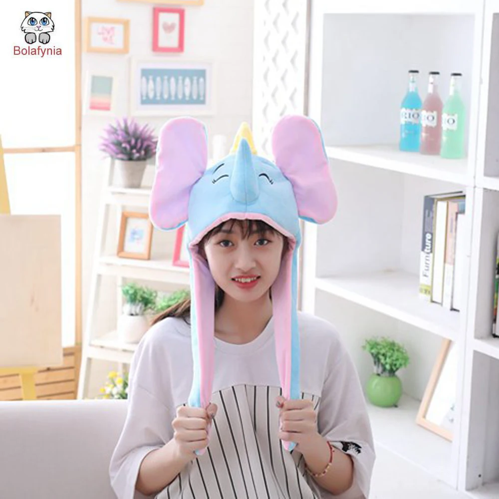Elephant Headgear With Moving Ears Hood Hat Plush Toy Birthday Stuffed Cap Gift