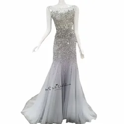 Silver Gray Sparky Luxury Evening Dresses Crystals Beads Women Long Mermaid Prom Party Dress V Back Custom Made Abendkleider