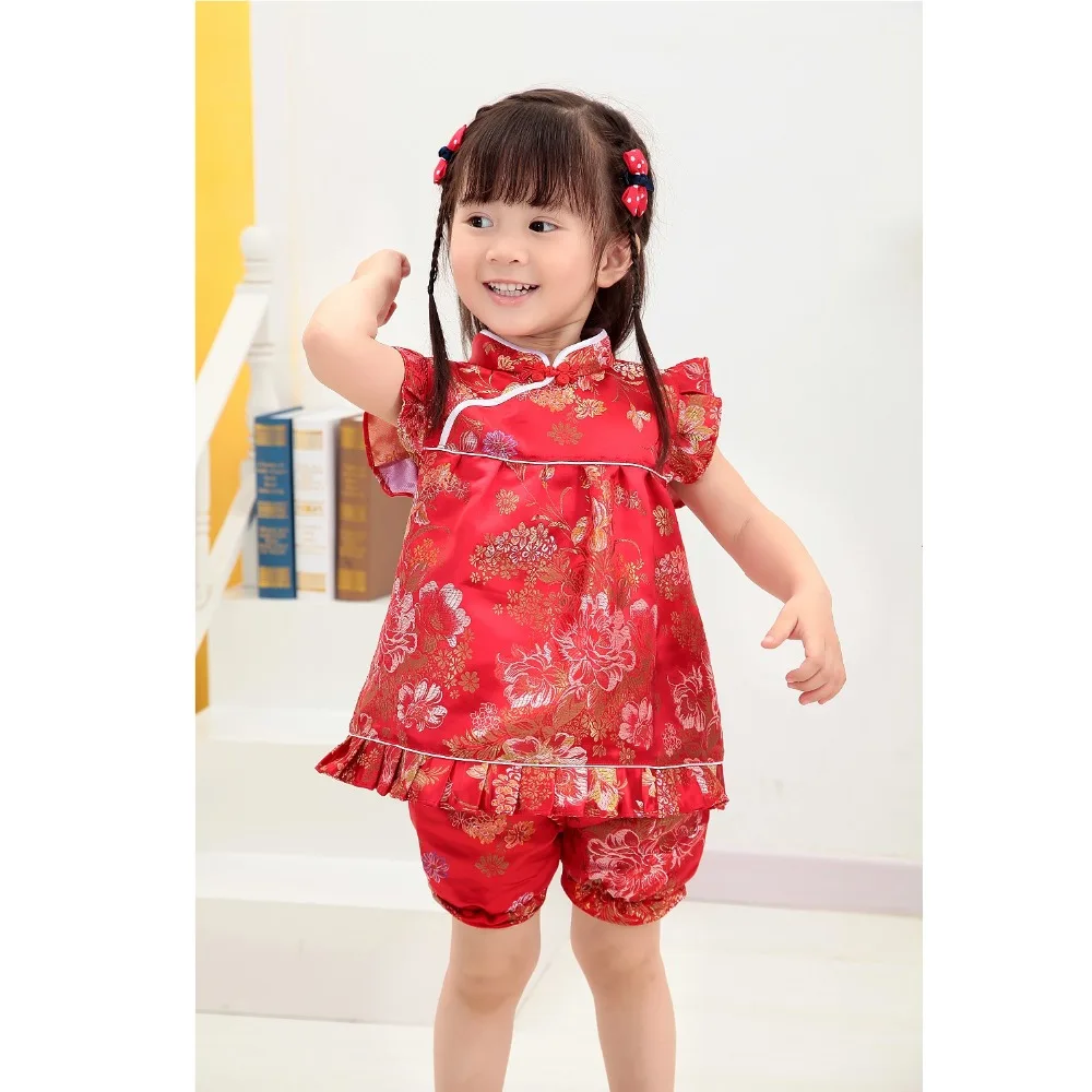 2019 New Summer Floral Qipao Children's Sets New Year Chinese baby girls dresses short pants cheongsam outfits