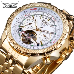 Reloj Jaragar de cuerda automática dorado para hombre, reloj con esfera grande y función de calendario, relojes mecánicos, reloj con correa de acero