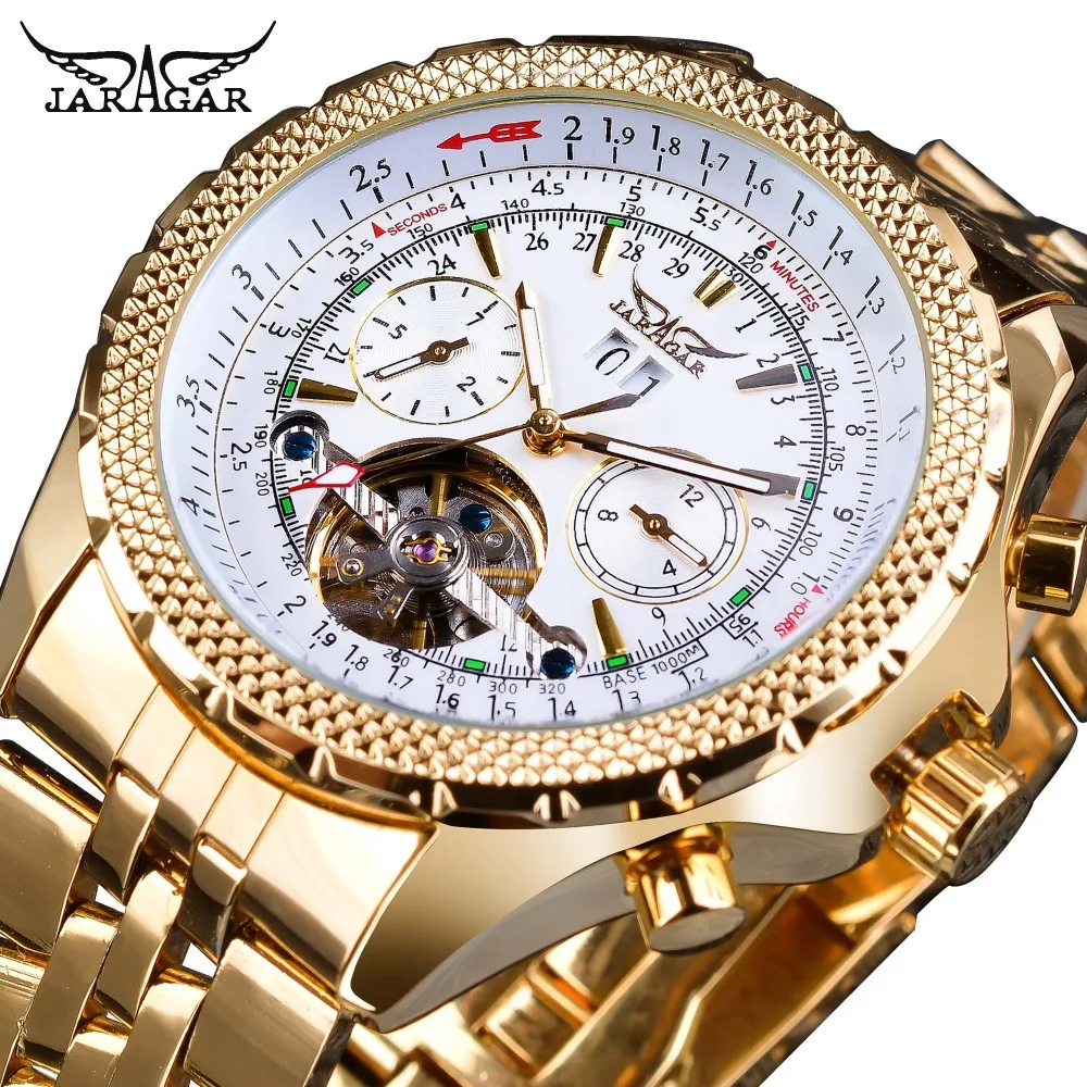 Jaragar Men's Golden Automatic Self-Wind Watch Big Dial Calendar Function Relogio Masculino Mechanical Watches Steel Strap Clock