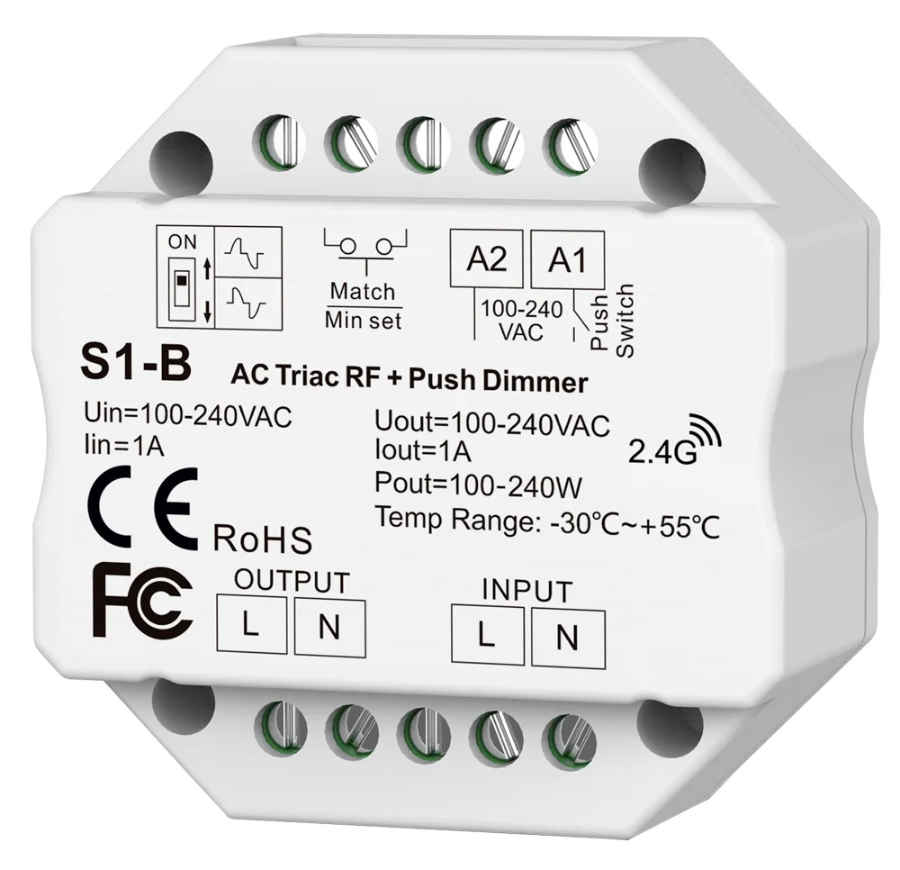 Triac LED Dimmer AC 220V 230V 110V Wireless RF Dimmable Push Switch with 2.4G Remote Controller for Single Color LED Bulb Lamps