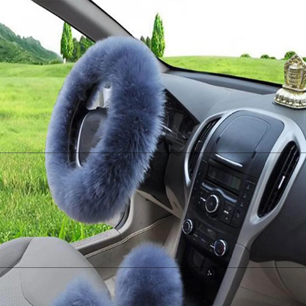 3pcs/set Fur Car Steering Wheel Cover Gray-blue color Wool Winter Essential Universal Furry Fluffy Thick Faux Three Season