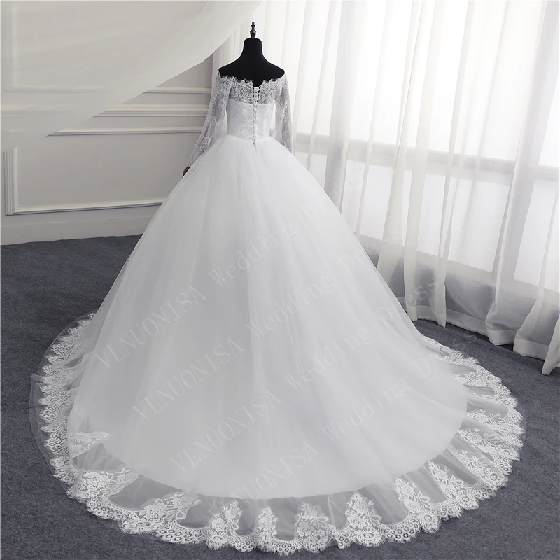 Off Shoulder elegancka kość słoniowa Plus rozmiar suknia ślubna z długim rękawem VLNUO NISA Bride suknie balowe Vestidos De Noiva szata Mariee