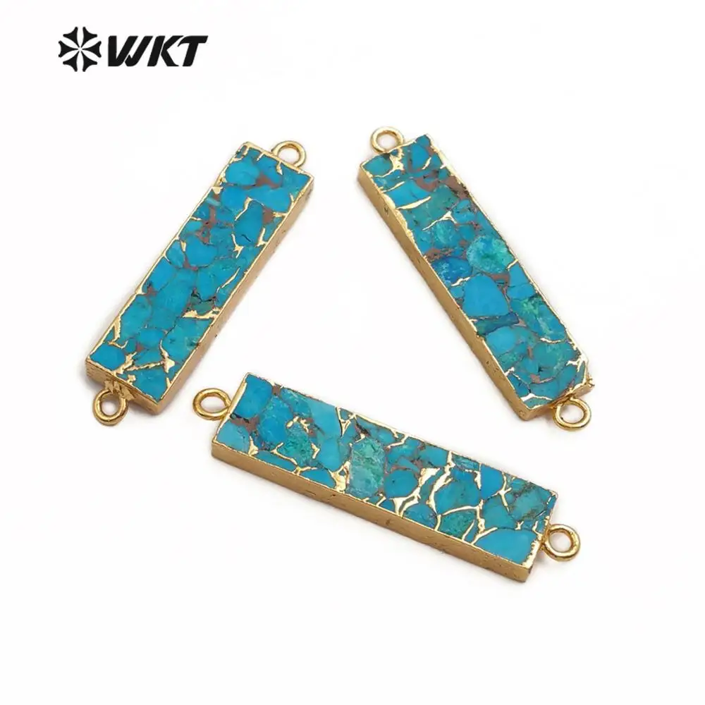 WT-C283 Natural Blue Vein Tur-quoises Pendant Rectangle Shape Gem-stones Connector Gold Electroplated Pendant For Jewelry Making