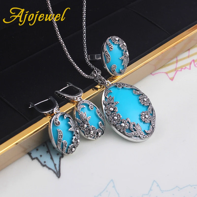 Ajojewel High Quality Vintage Blue/Green/Red/Black Resin Flower Jewelry Set For Women Size 7-9 Elegant Party Birthday Gift