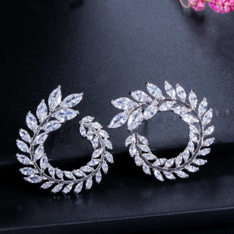 CWWZircons Sparkly Olive Branch Leaf Shape Marquise Cut Big Cubic Zirconia Stud Earrings For Women Fashion Brand Jewelry CZ363