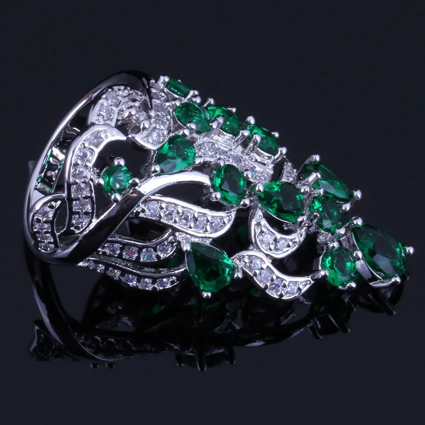 Glittering Huge Plant Green Cubic Zirconia White CZ Silver Plated Ring V0526