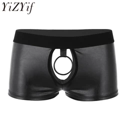 Novelty Mens Lingerie Panties Gay Sex Soft Shiny Leather Open Crotch Shorts Underwear Open Butt boxer Shorts with Front Hole