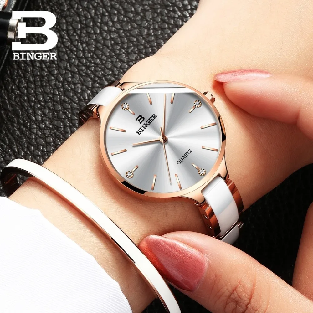 Fashion Women Watches Top Brand Luxury BINGER Ultra thin Ladies Watch Sapphire Ceramic Strap Waterproof Quartz Dress Watch Women