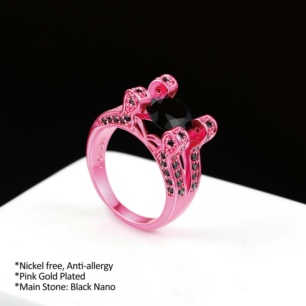 Double Fair New Special Round Shape Pink Gold Color Rings Sets Black Cubic Zirconia Fashion Party Jewelry For Women DD043