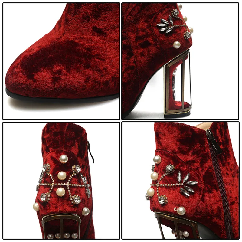 Phoentin crystal flower ankle boots pearl metal fretwork super high heels beautiful zipper women boots red shoes FT270