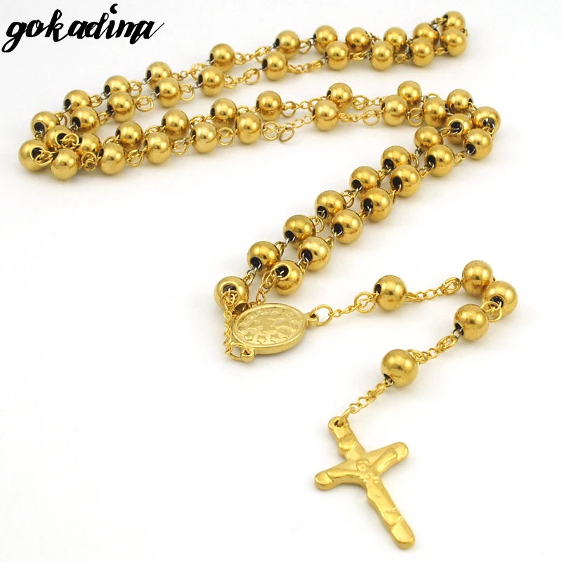 Gokadima 8mm,Christmas Religious Jewelry Catholic, Stainless Steel Necklace Cross for Men Beads Rosary Necklace WRN03