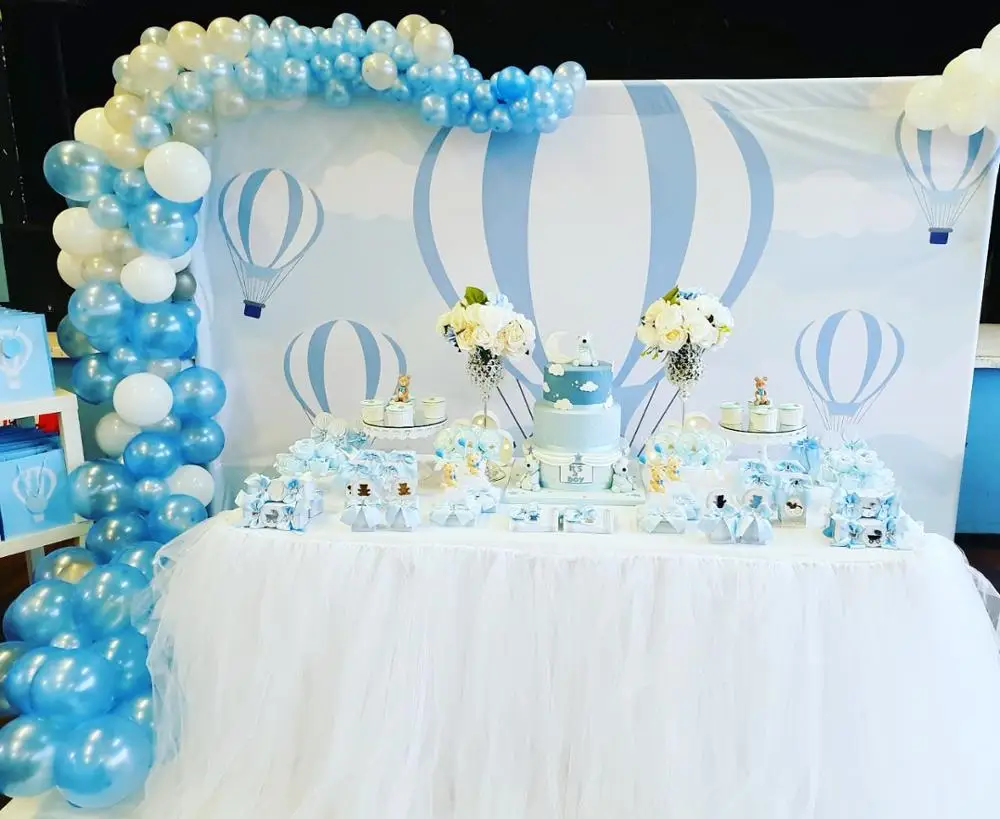 خلفية بالون هواء ساخن ، خلفية للصور ، شريط سحابة كرتونية ، السماء الزرقاء ، حفلة عيد ميلاد ، تصوير للأطفال