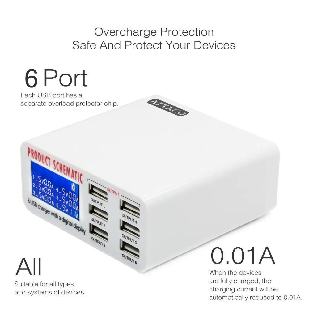 Imagem -03 - Aixxco 6a com Display Digital Lcd Portas Usb Carregador Rápido Estação de Carregamento Inteligente para Iphone Xiaomi Huawei Samsung Tablet
