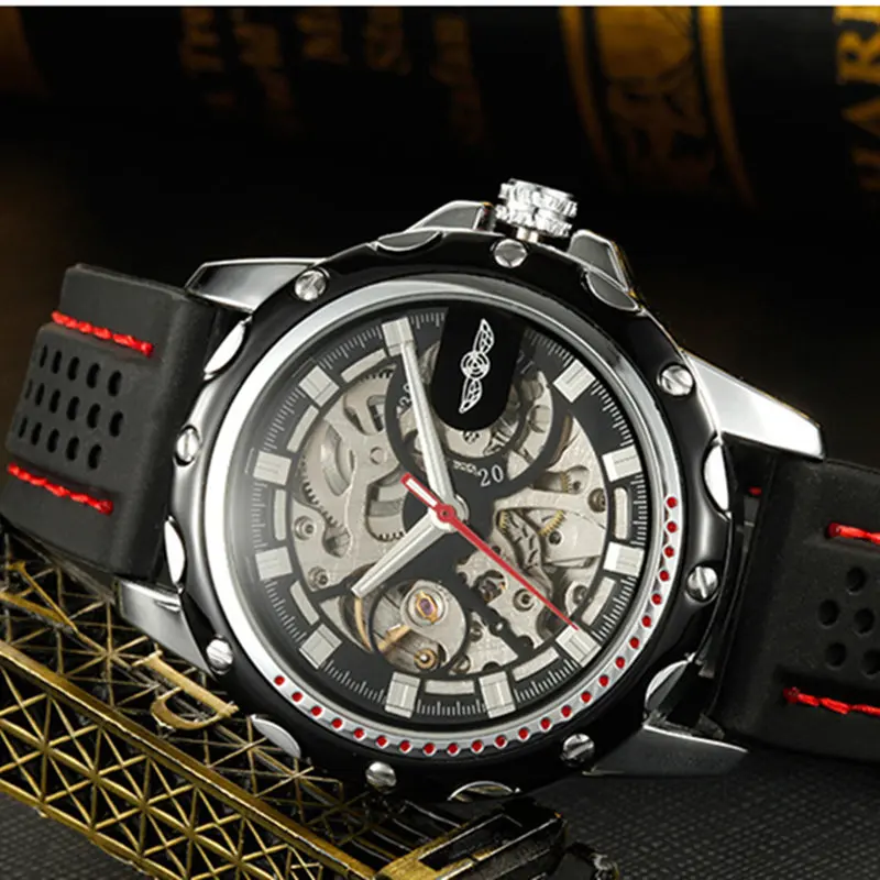 

NEW WINNER Fashion Men's Silicone sports Watch Skeleton Hand-Winding Mechanical Wristwatch military clock Erkek Kol Saati