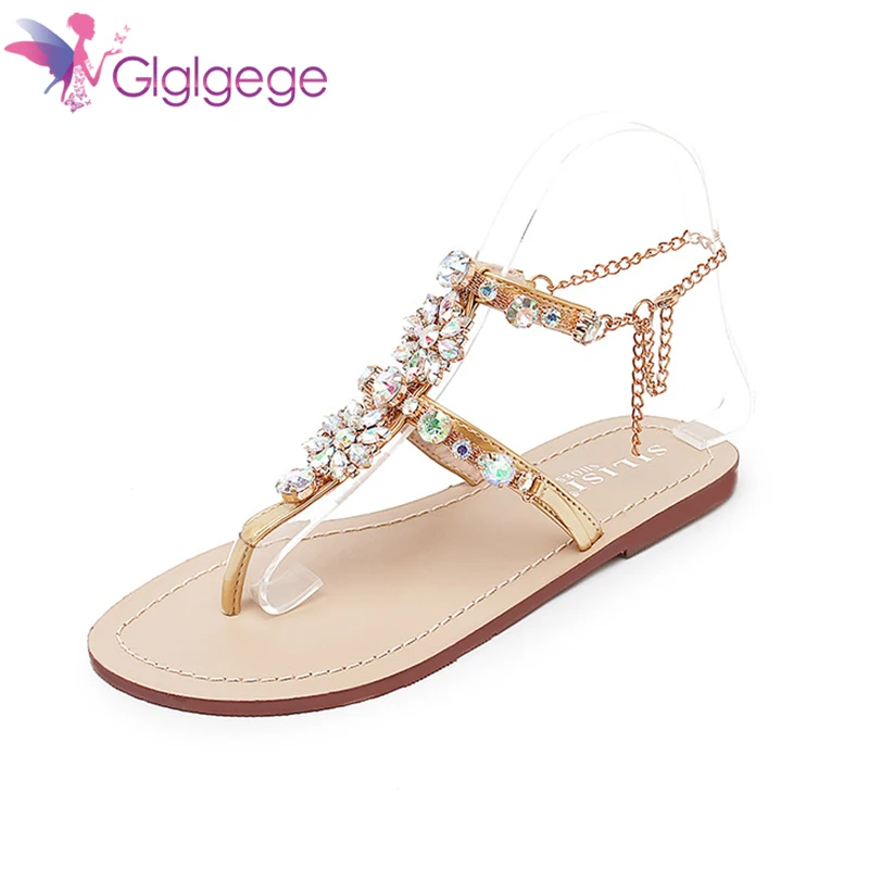 Glglgege Luxury Bling Shinny Rhinestone Diamond Women Chains Flat Sandals Large Size Thong Crystal Flip Flops Sandals Shoes