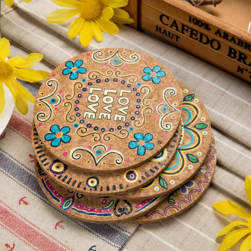 Natural Cork Round Cup Mat Drink Coasters Heat Insulation Patterned Pot Holder Mats for Coffee Table Tabletop