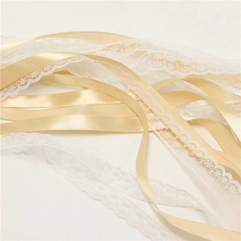 100pcs/lot Wedding Party Decoration Champagne white Ribbon DIY Wands Twirling Stream Lace Ribbon Sticks Wands with Bell Favors